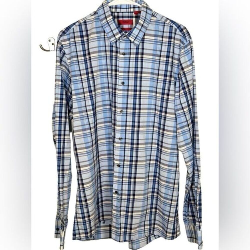 HUGO Hugo Boss Slim Fit size XL men’s shirt blue white plaid - Picture 1 of 7